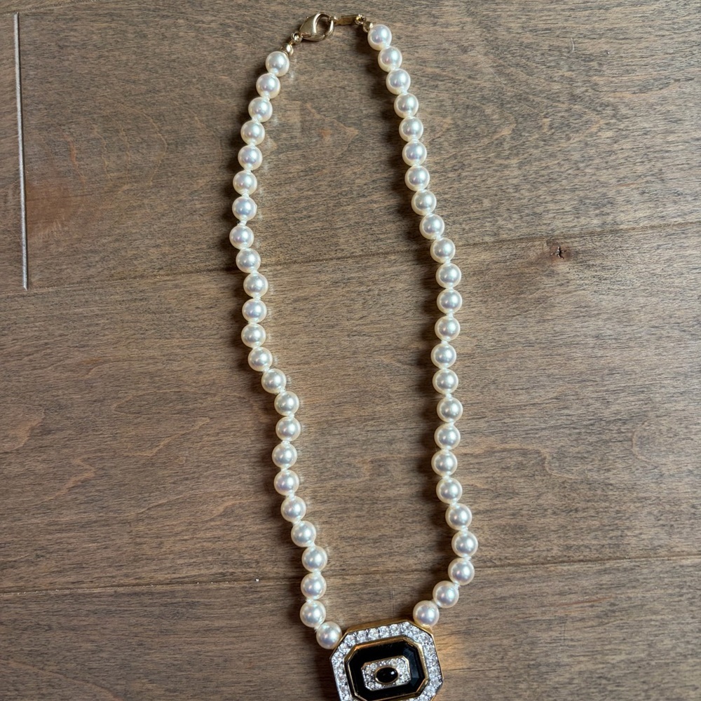 Vintage Swarovski White Pearl Necklace with Gold and Black Pendant